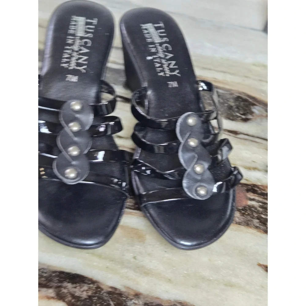 Tuscany by Easy Street‎ Black Patent Wedge Sandals Made in Italy Studded 7M